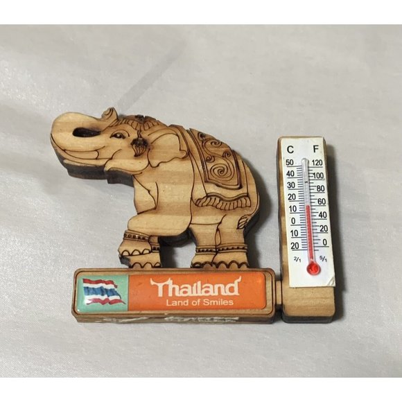 Vintage Thailand Handmade Wooden Elephant Thermometer Souvenir Land of Smiles - Picture 1 of 4
